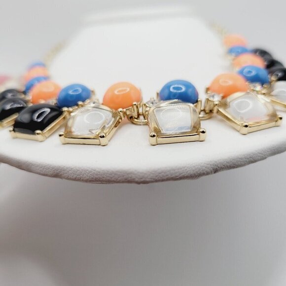 J. Crew Statement Necklace Coral Blue Gold Tone Poured Glass Look SIgned 21.5" - Picture 7 of 9